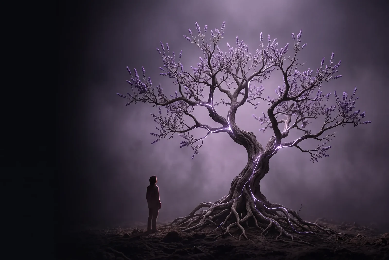 Person beside lavender tree