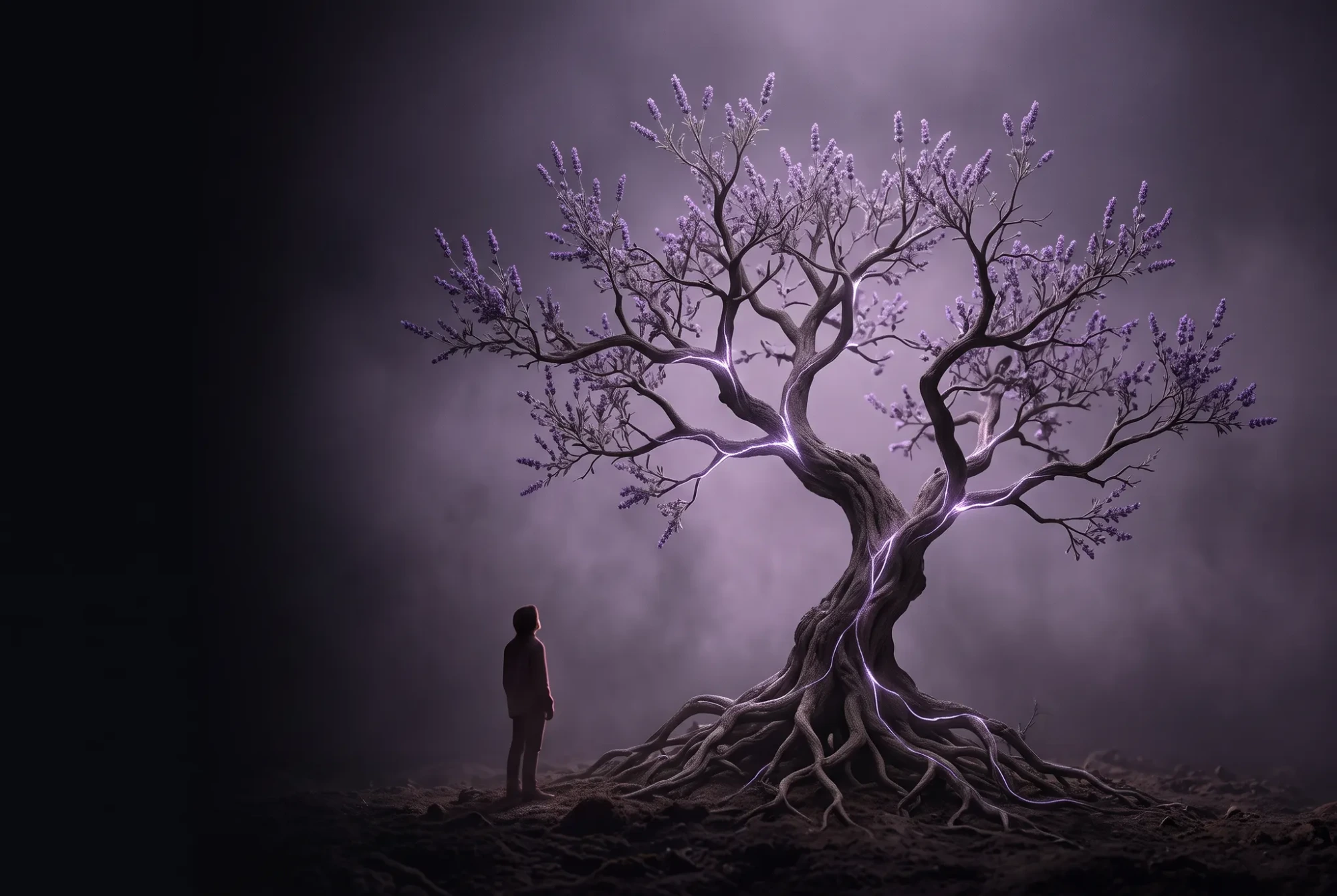 Person beside glowing lavender tree