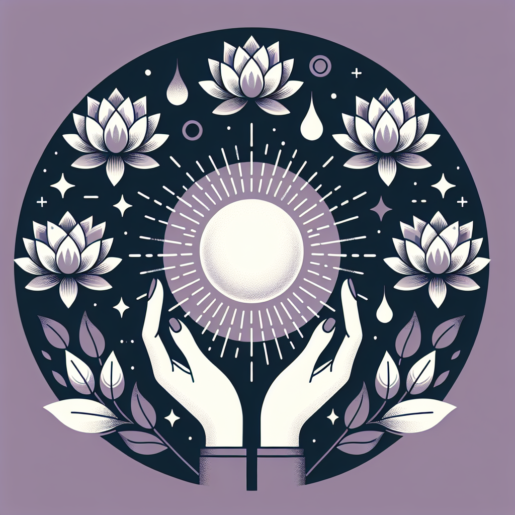 Hands holding a glowing orb with lotus flowers representing energy healing